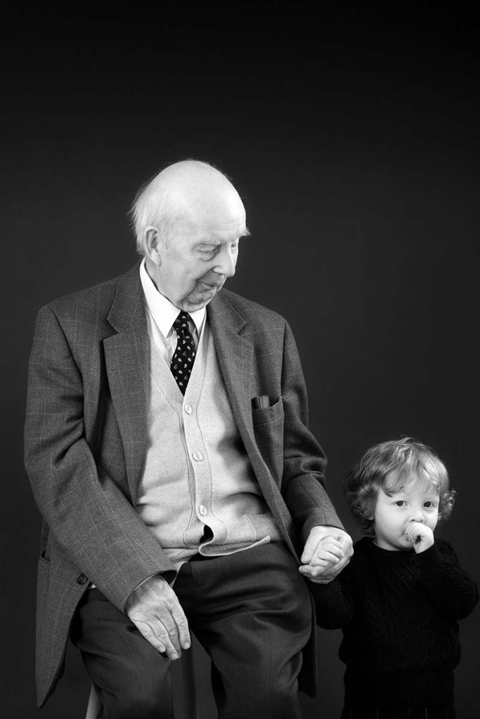 B&W Family portrait of Grandfather and child photography in Edinburgh portrait photography Studio Blue Sky Photography